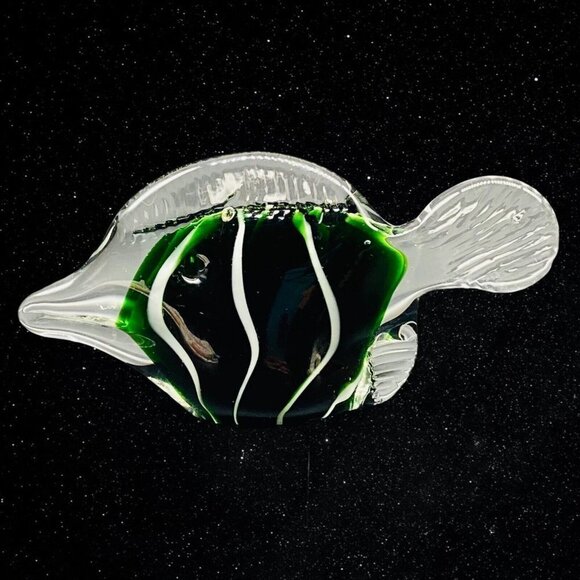 Vintage Art Glass Stripped Green Fish Paperweight Figure 2.5”T 6”W - Picture 1 of 7